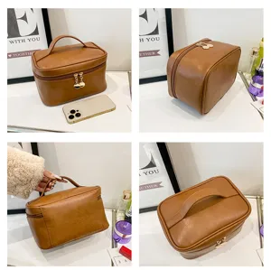 Brown PU leather cosmetic bag detail showcasing large capacity travel toiletry storage.