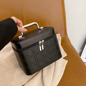 Gran Capacidad Neceser de Cuero PU Acolchado Vintage Caja Organizadora de Maquillaje Costuras Geométricas Estuche de Viaje