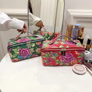 Chinese Style Floral PU Leather Cosmetic Bag Large Capacity Makeup Pouch Portable Toiletry Organizer Bag For Women