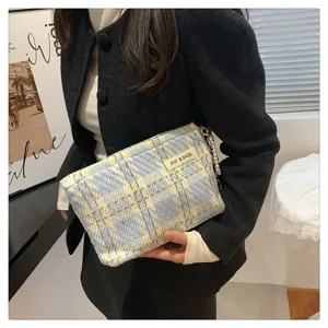 Chic blue white tweed clutch bag for women, portable cosmetic makeup pouch with pearl decor.