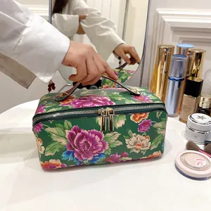 Chinese style floral cosmetic bag large capacity PU leather portable makeup storage bag