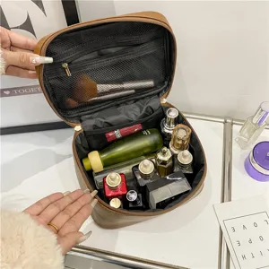 Large capacity PU leather cosmetic bag solid color portable travel makeup organizer pouch.