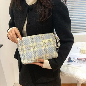 Tweed Plaid Makeup Pouch Chic Cosmetic Bag Pearl Chain Handbag Casual Clutch Purse