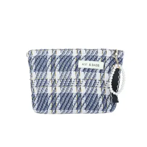 Tweed makeup pouch blue white plaid cosmetic bag portable toiletry organizer with pearl strap.
