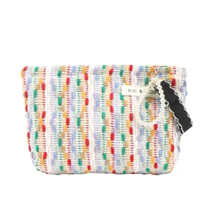 Colorful woven cosmetic bag with pearl strap, portable knitted toiletry pouch for women.