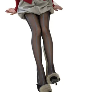 Sexy sheer black tights for women featuring blue vertical herringbone stripes main product display