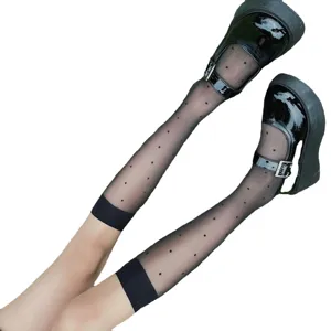 Women black sheer polka dot mid-calf socks breathable vintage JK hosiery fashion daily wear leg stockings