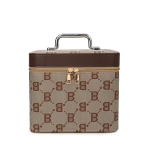 Draagbare cosmetische tas met bruin monogram B patroon, metalen handvat en ruime opberging.