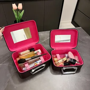 Portable vintage makeup case set with mirror, brown leather cosmetic storage box for travel.