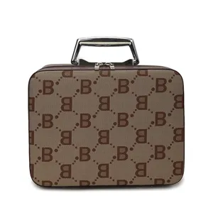 Vintage brown monogram cosmetic bag with top handle, portable travel makeup storage case.