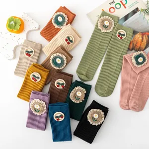 Children's cute floral mid-tube socks, autumn vintage style cotton socks with lovely cherry embroidery.