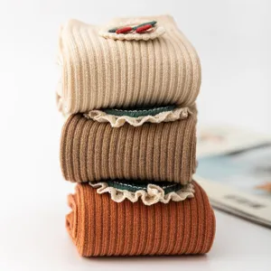 Cute toddler girls ruffle ribbed socks main view, autumn floral cherry knit tube socks.