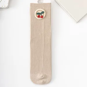 Cute kids knit tube socks with sweet cherry embroidery, perfect for spring and autumn daily wear.