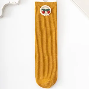 Cute toddler girls floral cherry mid tube socks, yellow ribbed autumn cotton socks for kids.