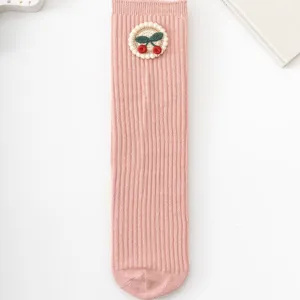 Cute pink girls mid-calf socks with sweet cherry embroidery, soft ribbed knit daily wear.