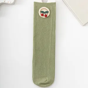 Kids green ribbed crew socks with cute cherry embroidery patch, comfortable spring toddler socks