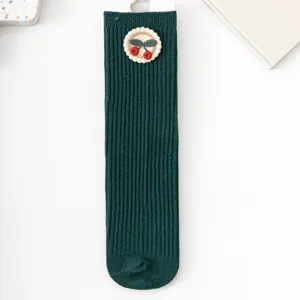 Cute dark green cotton mid-calf socks for girls with sweet cherry patch. Comfortable and stylish.