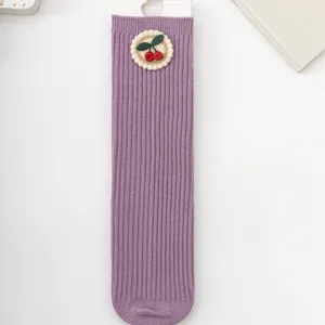 Cute girls ribbed mid-calf socks featuring lovely cherry embroidery design for spring autumn.
