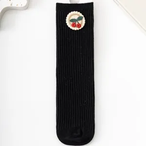 Cute girls cotton mid-calf socks featuring lovely embroidered cherry design for daily wear.
