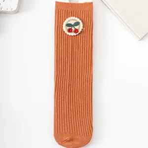 Cute girls cherry embroidery ribbed mid-calf socks, soft cotton spring children tube socks.