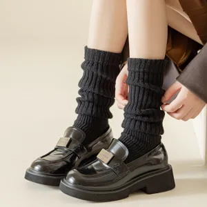 Women black chunky knit leg warmers cozy autumn winter thermal calf socks footwear stylish fashion