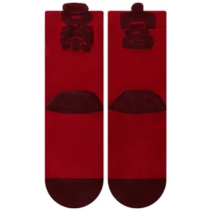 Red festive mid-calf socks for men and women, featuring 3D knit wealth text for New Year.