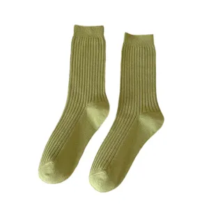 Women solid color ribbed mid-calf cotton socks casual daily wear soft breathable hosiery
