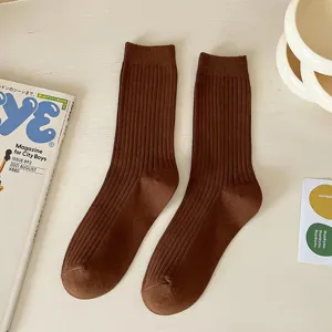 Women's brown ribbed crew socks, solid color vintage style cotton casual long socks.