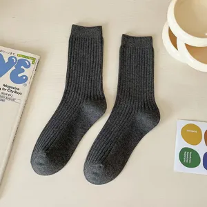 Women solid color ribbed crew socks daily casual cotton hosiery footwear autumn winter fashion.