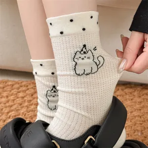 Cute polka dot mesh breathable women mid-tube socks with lovely cat cartoon design summer wear.