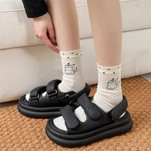 Women breathable polka dot mesh cotton mid-tube socks with cute cat print for summer wear