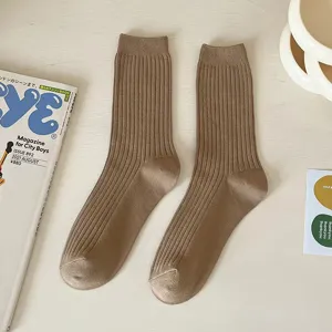Women's autumn winter cotton mid tube socks casual solid color ribbed knit casual hosiery