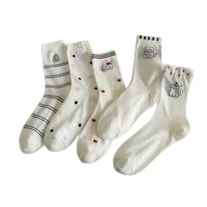 Cute cotton mid-calf socks for women, sweet cat embroidery and polka dot summer styles.