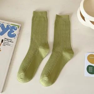 Women solid color ribbed mid-tube cotton socks casual versatile long hosiery green