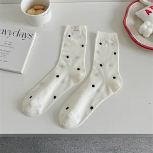 Comfortable breathable polka dot cotton mid-calf socks for women, cute summer daily wear.