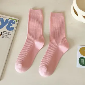 Women's Pink Ribbed Mid-Tube Socks Solid Color Casual Daily Cotton Hosiery Footwear