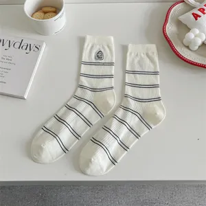Women breathable white mid-tube socks with black stripes and cute cat embroidery for spring summer.
