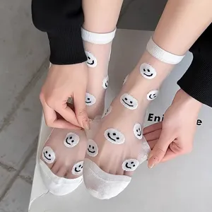 Sommer transpa. Glasseiden Socken mit süßem Smiley-Gesicht Design, atmungsaktive Damensocken.