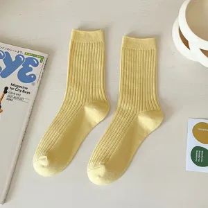 Women yellow ribbed crew socks casual cotton daily wear solid color fashion cute casual hosiery