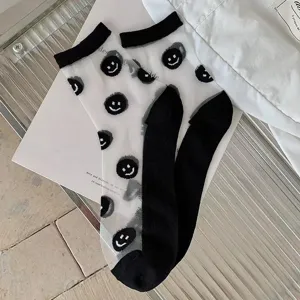 Damen transparente Glasseide Wadenstrümpfe süße schwarz-weiße Smiley Gesicht Socken