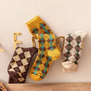 Autumn vintage argyle mid-tube socks women British style retro slouch socks college style