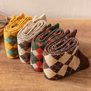 Autumn Korean Japanese style argyle socks for women, mid tube retro britain academy style long socks.
