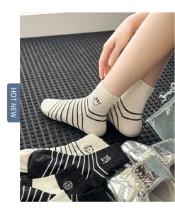 Women spring summer thin cotton socks black white stripes cute embroidered mid tube socks