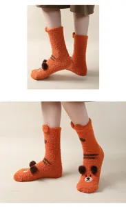 Cozy thick coral fleece fuzzy socks for women, cute 3D bear ears winter warm home floor socks.