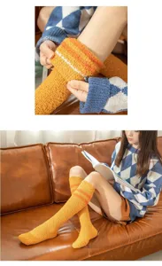 Close-up detail of soft coral velvet knee-high socks featuring cute double stripes design.