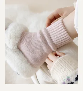 Pink thick knit thermal loop socks detail view, cozy winter home essential for women.