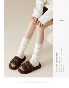 Warm winter knit leg warmers for women cozy fuzzy slippers cute college style long boot socks