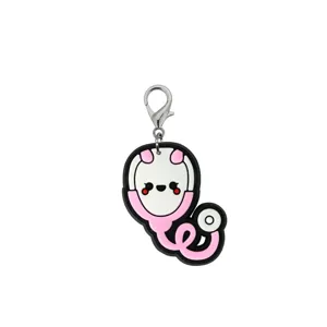 Cute cartoon stethoscope PVC soft rubber keychain with lobster clasp, ideal nurse bag charm keyring.