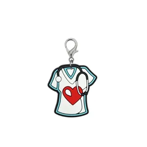 Nurse uniform shaped PVC charm detail with stethoscope and heart for medical gifts or keychains.