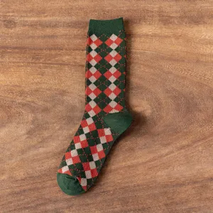 Korean Japanese retro argyle mid tube socks women autumn fashion college style knit long socks